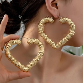 Heart Bamboo Earring for Women 90s Gold Bamboo Hoop Earrings Large Heart Hoop Earrings Oversized Outfits for Women Hip Hop Jewelry