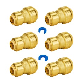 SUNGATOR 3/4 Inch x 1/2 Inch Reducing Coupling, No Lead Brass Push-to-Connect Plumbing Fitting fot PEX Pipe, Copper, CPVC, With 2 Disconnect Clips, Pack of 6