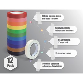 Masking Tape in Assorted Brilliant Colors, 1 Inch x 55 Yards, Bulk 12 Pack, Adhesive Painting Tape, Bulk Pack for Home, School, Arts & Crafts, Office, 12 Rolls x 55 Yards, 660 Total Yards