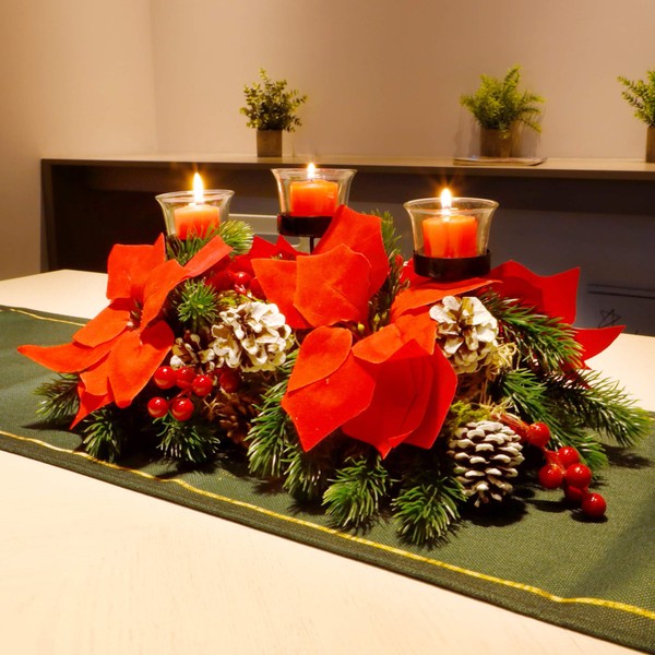 Juegoal Christmas Poinsettia Centerpiece with 3 Candle Holders, Pinecones and Red Berries, Christmas Decorations Holiday Candleabrum, Tabletop Centerpiece and Display