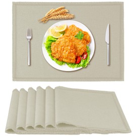 Rinpon Boho Tassel Cloth Placemats Set of 6, Linen Type Fabric Placemats Machine Washable Placemats Heat Resistant Placemats Wrinkle Free Thick Polyester Kitchen Place Mats for Dining Table(Beige)