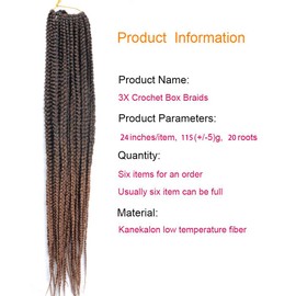 6 Packs/Lot (14/18/24/30) inch 1cm 20 Strands/Pack Thin 3X Box Braid Crochet Hair Extensionin Diameter 3X Synthetic Braid Hair Extensions Crochet Braids Hair Color (24inchs, T1B/30)
