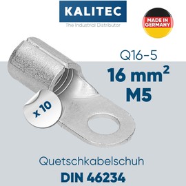 Pack of 10 Kalitec Q16-5 Crimping Cable Lug 16 mm² M5 I Uninsulated I Mandrel Pressing I For Multi-, Fine- and Fine-Strand Conductors I Cable Lug 16 mm² According to DIN 46234