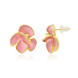 Flower Earrings For Women, Gold Pink Floral Hibiscus Petal Stud Earring Trendy Statement Unique Waterproof Non Tarnish Lightweight Hypoallergenic Holiday Jewelry Gift, Large, Alloy Steel, No Gemstone