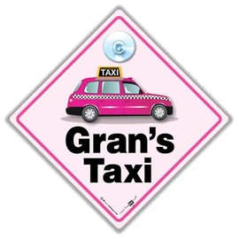 Gran's TAXI Sign, Gran's Taxi Car Sign, Suction Cup Grans Taxi Sign, Pink London Black Taxi Cab Sign 14cm x 14cm