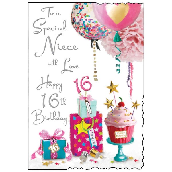 Niece 16th Birthday Card - Cupcake and Presents with Glitter