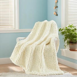 Chunky Knit Blanket Throw for Couch, Soft Chenille Yarn Throw 50x60 inches, 100% Handmade Thick Cable Knit Crochet Blanket, Cozy Soft Large Rope Knot Cable Crochet Blankets for Couch Home Decor, Beige