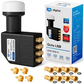 hb-digital Octo LNB (Test Very Good) LNC Head for 8 Participants Direct LTE Protected Satellite Satellite Full HD TV 3D 4K UHD Gold-Plated Weather Protection Black + 8x F-Connector and 4x