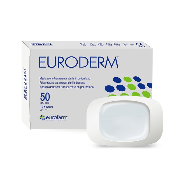 Euroderm Sterile Waterproof and Vapour Permeable Wound Dressing in Polyurethane Film, Extra Elastic, Waterproof, Transparent (cm 10 x cm 12)