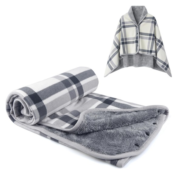 SIVENKE Women's Poncho Fleece Portable Blanket, Checked Lap Blanket, Comfortable