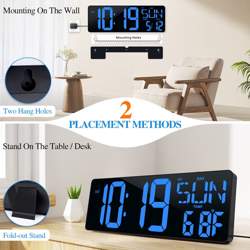 Large Digital Wall Clock with Remote Control 17.2" LED Large