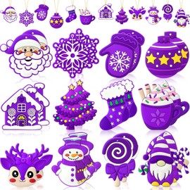 Lunmon 24 Pcs Christmas Ornaments PVC Pastel Ornaments for Christmas Tree Santa Claus Gingerbread House Gnomes Ornaments Winter Tree Ornaments Pink Christmas Decor for Tree Party(Purple)