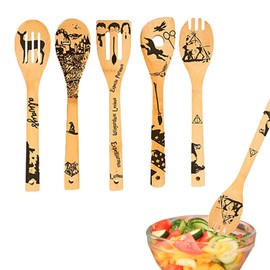 Bamboo Spoon Set with 5 Magic Kitchen Utensils, Engraved, Funny Pattern, Funny Kitchenware, Cooking Gifts, Housewarming Gifts, Kitchen Decoration