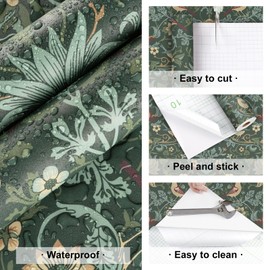 Skyblur Retro Forest Green Floral Wallpaper Peel and Stick Vintage Dark Green Contact Paper for Cabinets and Drawers Shelf Lines Self Adhesive Wall Paper for Bedroom Bathroom Wall Cover 17.5"X118"