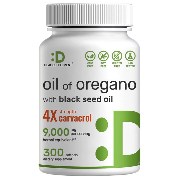 DEAL SUPPLEMENT Oil of Oregano Softgels with Black Seed Oil, 9,000mg Per Serving, 300 Count – 30:1 Extract, Active Carvacrol & Thymoquinone – Antioxidant Immune Health Support – Plant Based, Non-GMO