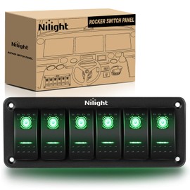 Nilight 6 Gang Rocker Switch Panel 5Pin On Off Toggle Switch Aluminum Holder 12V 24V Dash Pre-Wired Green Backlit Switches for Automotive Cars Marine Boats RVs Truck, 2 Years Warranty