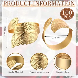 Bokon Gold Napkin Rings Set of 100 Wedding Golden Leaf Napkin Rings Metal Napkin Holders for Table Setting Holiday Christmas Thanksgiving Party Table Decorations