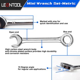 LEONTOOL Small Wrench Set Metric 10 Pcs 4mm to 11mm Open End and Box End Spanner Wrenches with Key Ring, Ignition Wrench Set Standard with Portable Storage Pouches