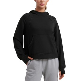 CRZ YOGA Womens Fleece Mock Neck Hoodie Oversized Pullover Long Sleeve Casual Workout Hooded Sweatshirts with Thumb Hole Black X-Large