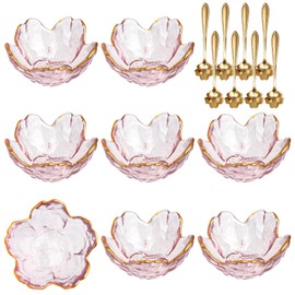 8 Pcs Gold Rim Pink Cherry Blossom Glass Bowls and 8 Pcs Cute Flower Spoons