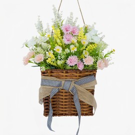 Stranthother 16.5 inch Spring Basket Wreath Daisy Wreaths for Front Door Beautiful Artificial Seasonal flower Door Hanging Basket Wreath Front Porch Courtyard Farmhouse Inside Outdoor Decor