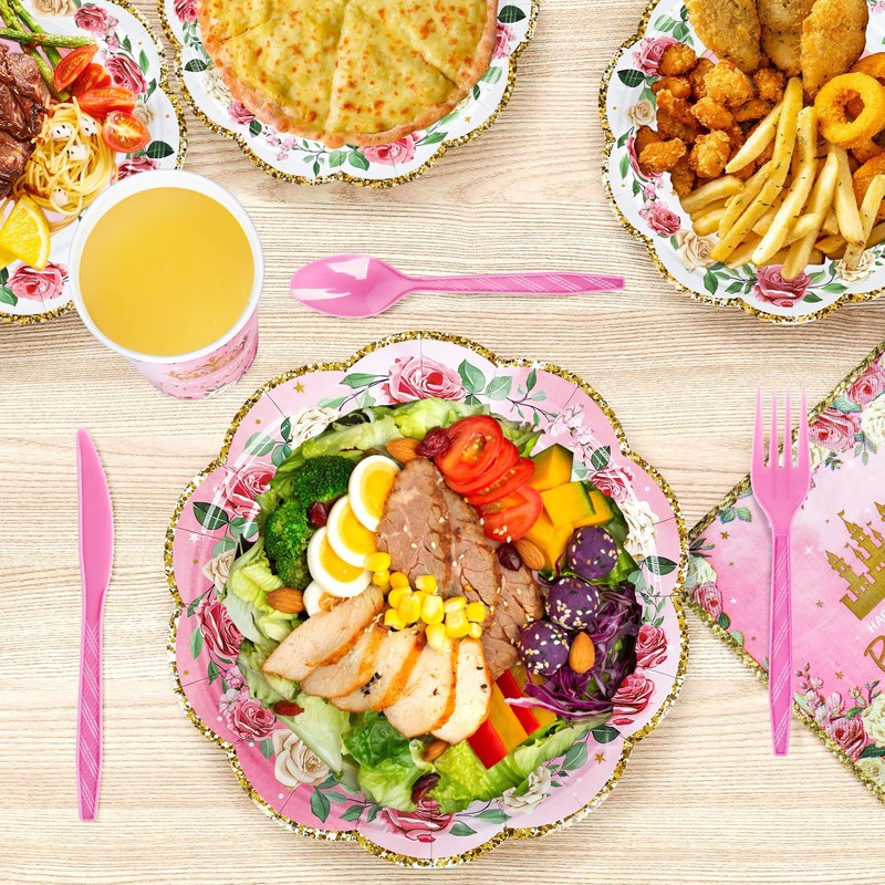 168 Pieces Pink Princess Disposable Party Dinnerware - Princess Paper