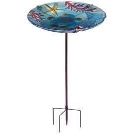 Bird Bath, Sea Turtle Glass Bird Bath for Outside, Birdbaths for Outdoors Bird Feeders with Metal Stake, Turtle Bird Bath Outdoor Décorations, Standing Small Birdbath Bowl for Outside-Sea Turtle Blue