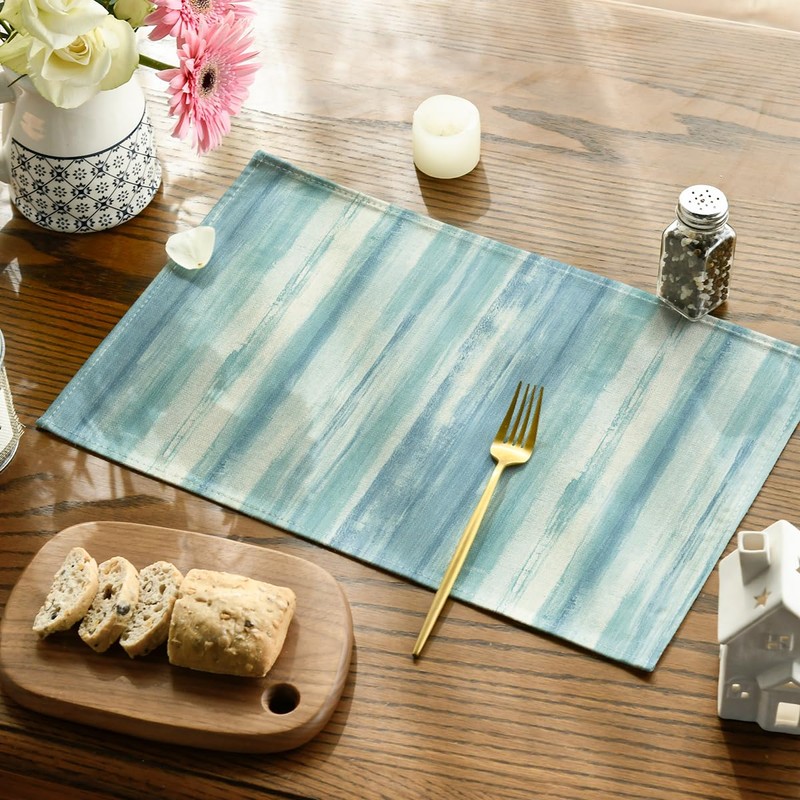 Blue Watercolor Striped Placemats Set of 4, 12x18 Inch Seasonal