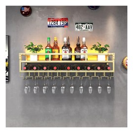 LED Wine Rack Wall Mounted, Industrial Metal Wall Wine Shelf & Glass Holder, Large Floating Shelves Wine Bottle Storage Display Rack for Home Bar Dining Room Decor(Gold, 31.5 x 9.8 x 10.6 inch)