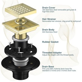 Georkios Brushed Gold 6 Inch Square Floor Drain, SUS304 Stainless Steel Flange Shower Hair Strainer with Removable Grid Cover