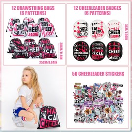 Lenwen 128 Pcs Cheerleading Party Favors Cheer Gifts for Girls Cheer Drawstring Backpack Bags Keychain Bracelets Badge Pins Sticker Pencils Spiral Notebooks for Birthday Party Supplies