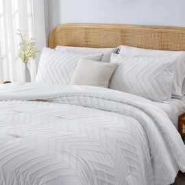 Litanika White Comforter King Size Set with Sheets - 7 Pieces Boho Bed in a Bag Chevron Tufted Complete Beddding Sets Lightweight All Season Bed Set with Comforter, Sheets, Pillowcases & Shams