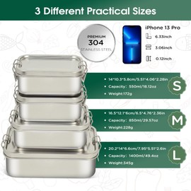 Awaiymi Pack of 4 Stainless Steel Bento Boxes (304 Steel), 47oz/29oz/19oz/19oz, Leak-proof & Stackable Lunch Boxes for Soup, Salad & Leftovers, Set with - Includes 2 Free Dividers