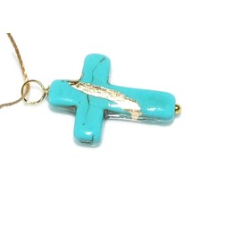 Kintsugi 1" Cross Turquoise Howlite, Broken, Mended with 23k Gold, Cord Necklace