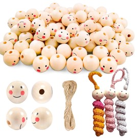 Pack of 100 Wooden Beads with Face, Wooden Beads Round, Smile Wooden Beads, 20 mm Wooden Beads Natural, Wooden Balls with Hole, Wooden Beads Set for DIY Handmade Decorations Craft Beads