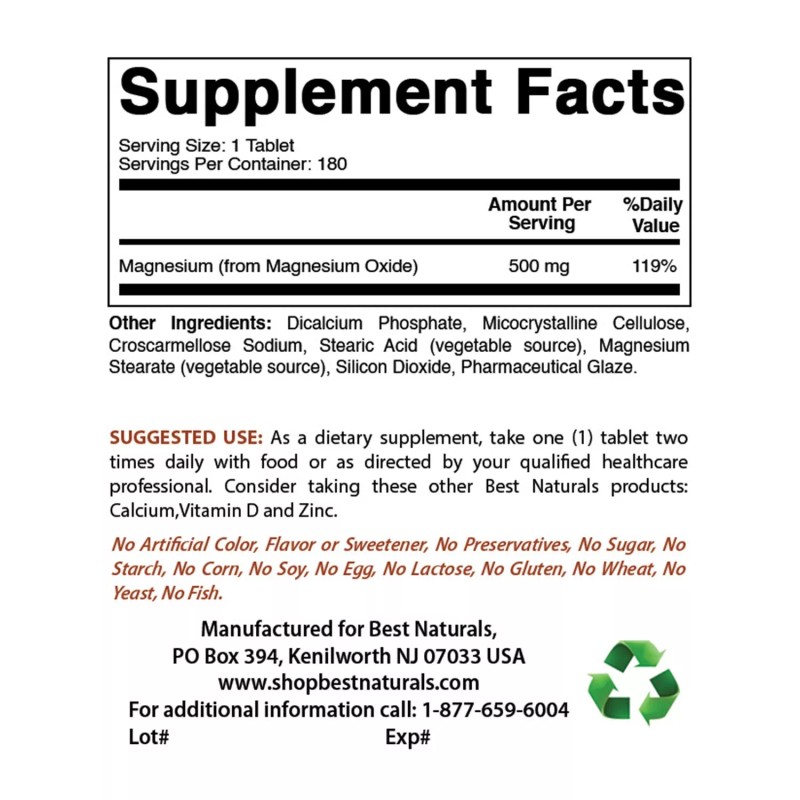 Best Naturals 3 Pack Best Naturals Magnesium Oxide 500 mg