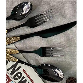 TWEE Black Gold Silverware Set for 4 Unique 18/10 Stainless Steel 20 Flatware Set Beautifully Embossed Floral Pattern Mirror Polished Kitchen Utensils Set for Home Restaurant Tableware