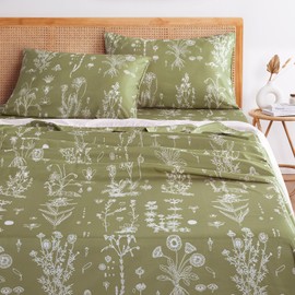 Wake In Cloud - Floral Bed Sheets, 4-Piece Sheet Set, Cute Botanical Shabby Chic Coquette Cottagecore Flower, Soft Microfiber Deep Pocket Bedding, Olive Green, Queen Size