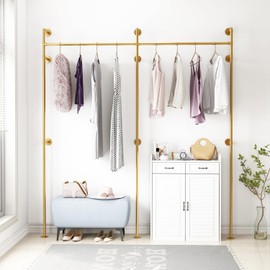 ORSENIGO Industrial Pipe Clothing Rack, Heavy Duty Clothes Rack for Hanging Clothes, Wall Mounted Display Garment Rack for Home Retail Boutique (Double, Gold)