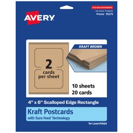 Avery Printable Rectangle Scalloped Postcards with Sure Feed Technology, 4" x 6", Kraft Brown Cardstock, Print-to-The-Edge, Laser/Inkjet Cards, 20 Total