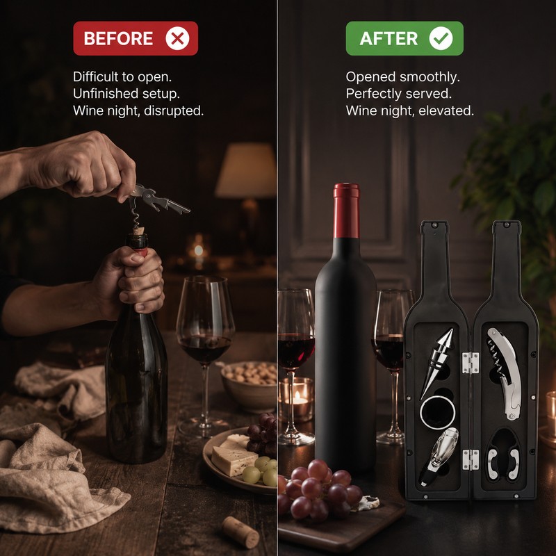 Wine Opener Set with Bottle-Shaped Holder – Corkscrew & Stopper