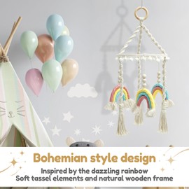Crib Mobile for Boys Girls, Cute Boho Baby Crib Mobile, Gender Neutral Hand-Crocheted Nursery Mobiles with Wood Frame, Colorful Clouds Ceiling Mobile Hanging Decor for Playroom Bedroom Crib Bassinet