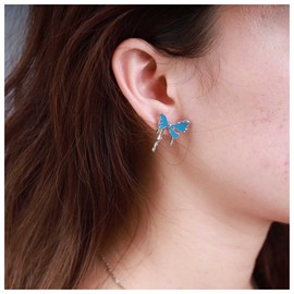 Inilbran Boho Butterfly Stud Earrings Vintage Blue Butterfly Earrings Silver Enamel Butterfly Stud Earrings Minimalist 3d Butterfly Charm Earrings Jewelry for Women and Girl