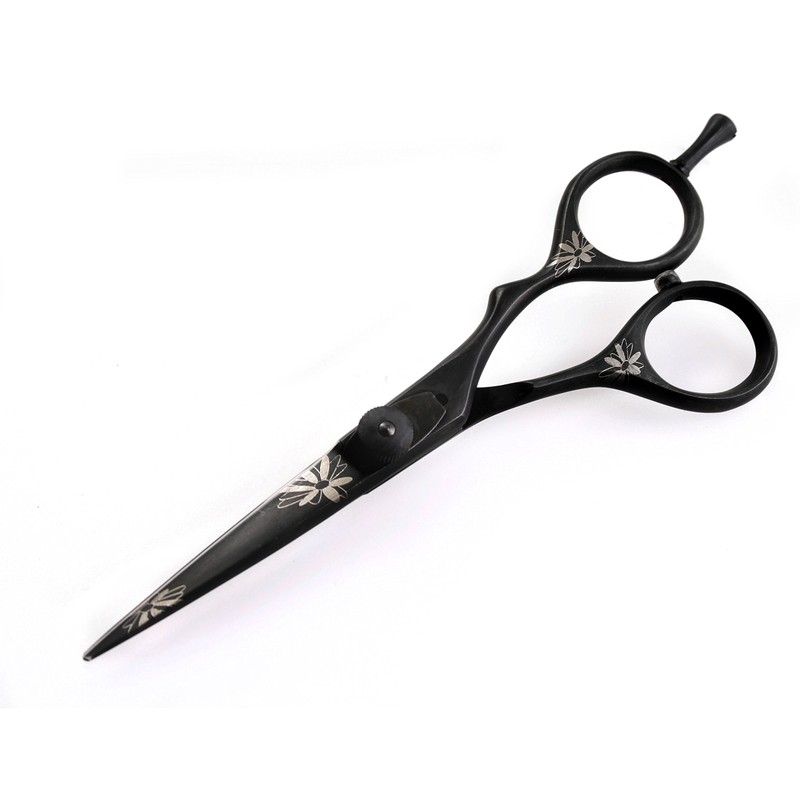 Professional Hair Cutting Scissors – Eye-catching Flower Details – Black, 14 cm, with Case