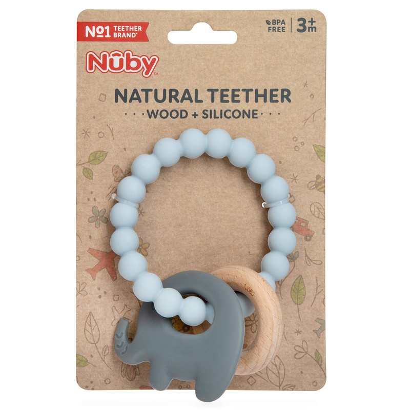 Nuby Natural Wood & Silicone Teether Ring: 3 M+, Elephant,