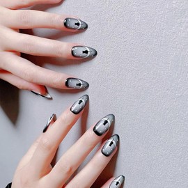 CHAONENG 24pcs Black Cat Pattern Press On Nails - Almond Long Fake Nails with Glue, Reusable, 12 Sizes