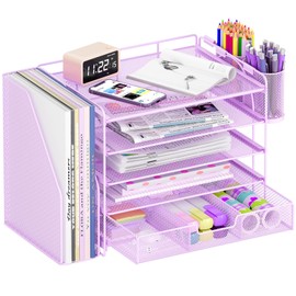 OPNICE Desk Organizers and Accessories, 5-Tier Paper File Organizer with Drawer & Pen Holder, Office Desk Accessories Workspace Desktop Organizer for Office Supplies((Purple)