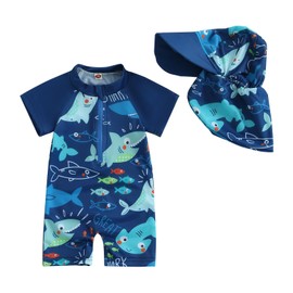 Toddler Boys Rash Guard Swimsuit Sea World Animal Print Zipper Short Sleeve Bathing Suit with Swim Cap for Kids (Blue Shark, 3-4 Years)