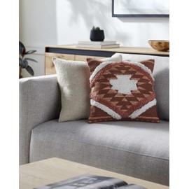 Hauteloom Shepardsville Decorative Throw Pillow Cover - Sofa Couch Cushion Cover - Boho Farmhouse Lumbar Pillow Cover -%100 Cotton - Orange, Beige - 18" x 18"