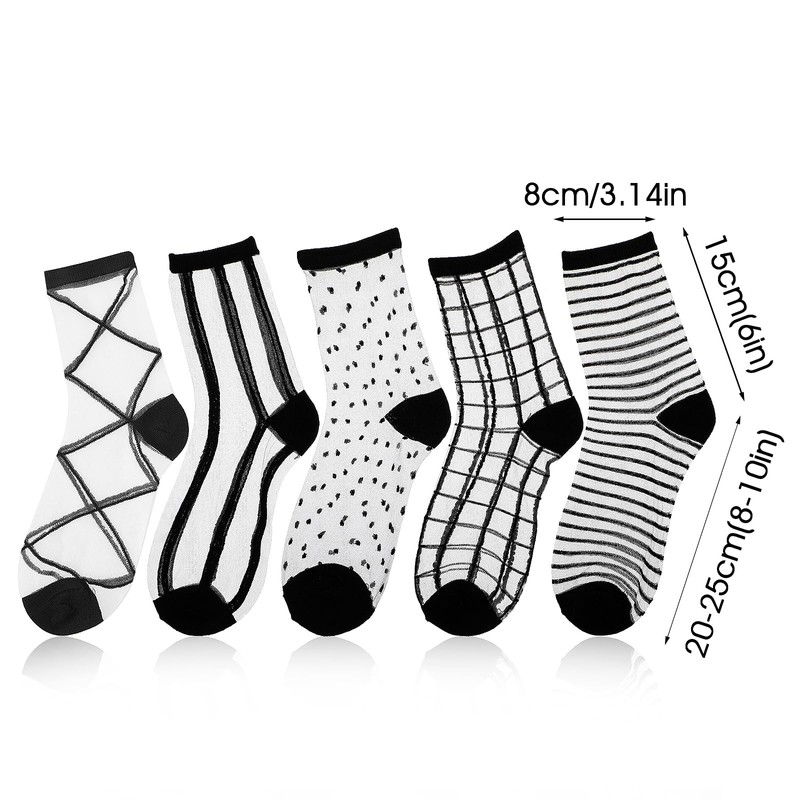 Lusofie 5 Pairs Sheer Socks Black See Through Socks Checkered
